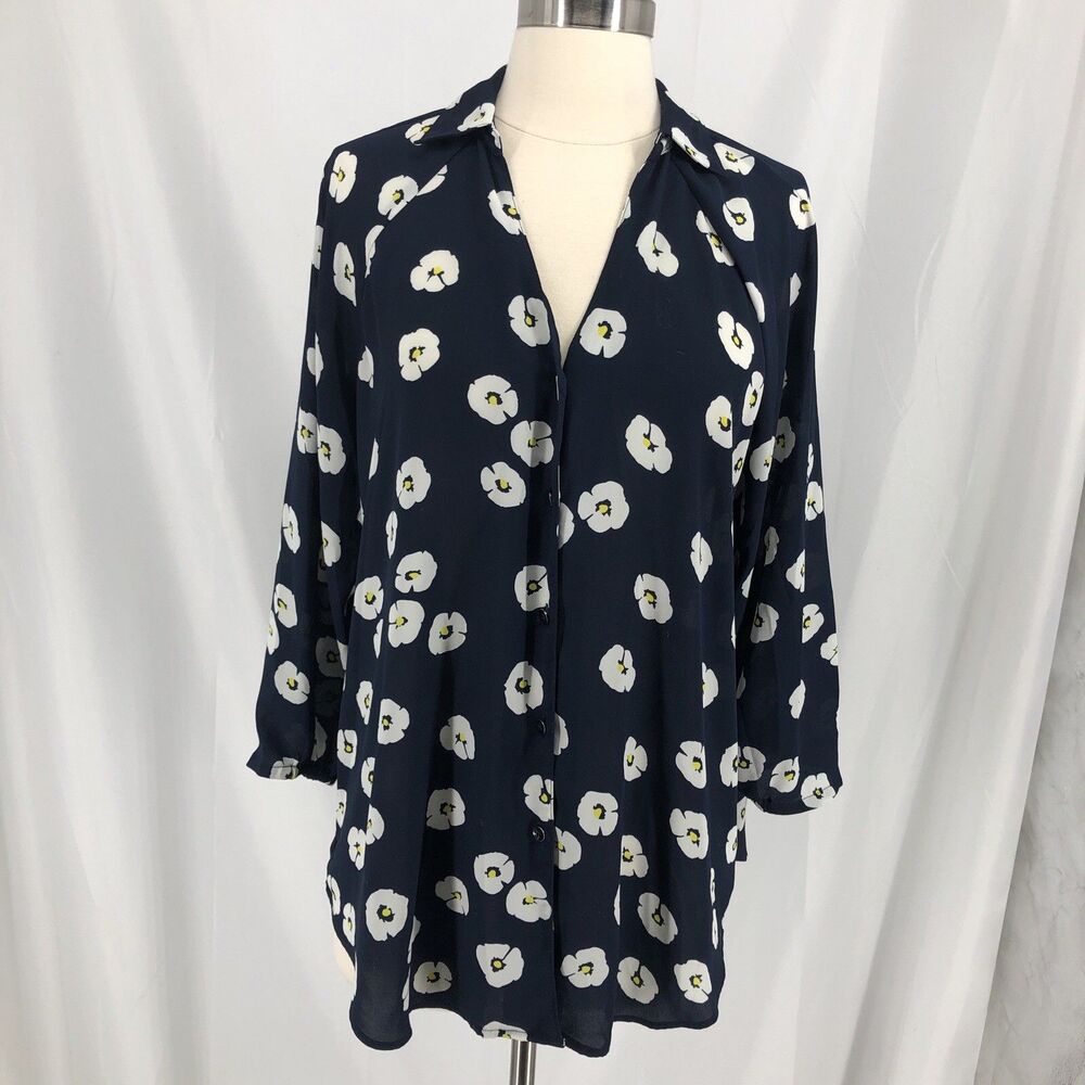 Cabi Go To Button Up Floral Blouse Navy Blue Womens Small Office Spring
